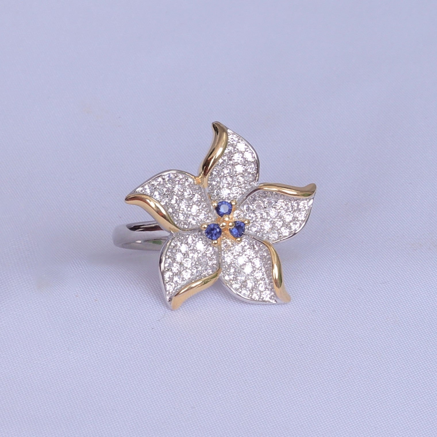 Flower Blue Colored Stones Designer Sterling Silver Ring
