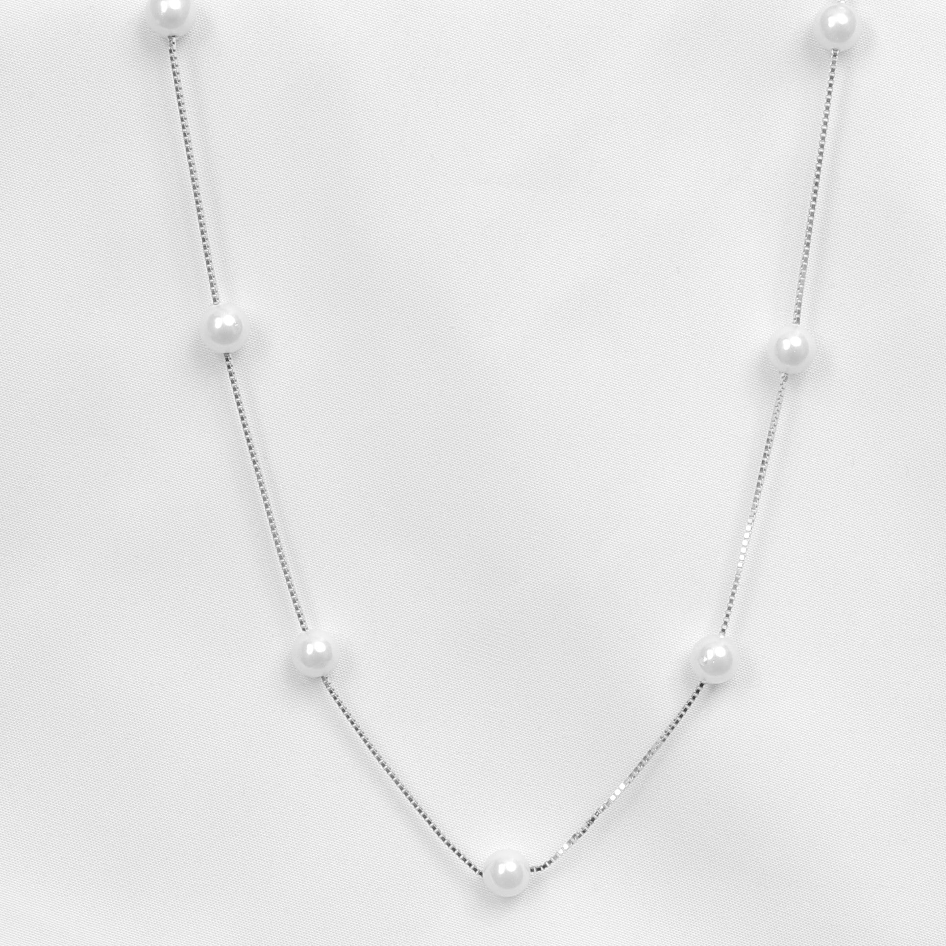 Silver Italian Pearl Station Chain Necklace for Women